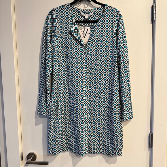 New Diane von Furstenberg Shift Dress Blue White Split Neck Long Sleeve Sz 10 - Picture 1 of 8